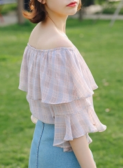 Summer Sexy Off The Shoulder Flare Sleeve Ruffle Trim Plaid Blouse