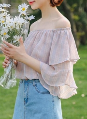 Summer Sexy Off The Shoulder Flare Sleeve Ruffle Trim Plaid Blouse