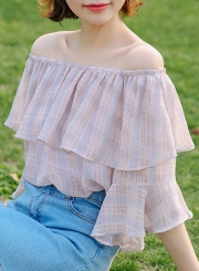 Summer Sexy Off The Shoulder Flare Sleeve Ruffle Trim Plaid Blouse