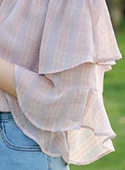 Summer Sexy Off The Shoulder Flare Sleeve Ruffle Trim Plaid Blouse