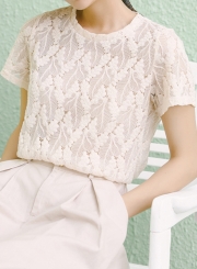 Summer Fashion Sweet Lace Short Sleeve Round Neck Pullover Blouse