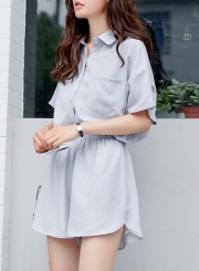 Casual 2 Piece Short Sleeve Button Down Shirt Elastic Waist Wide Leg Shorts