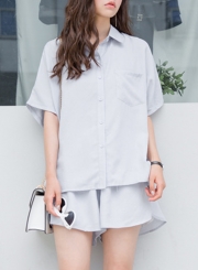 Casual 2 Piece Short Sleeve Button Down Shirt Elastic Waist Wide Leg Shorts