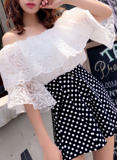 Summer Sexy Off The Shoulder Flare Sleeve Loose Solid Lace Blouse YOUYOUFASHIONEC.com