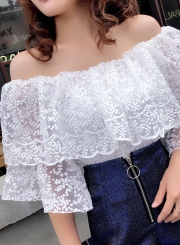 Summer Sexy Off The Shoulder Flare Sleeve Loose Solid Lace Blouse