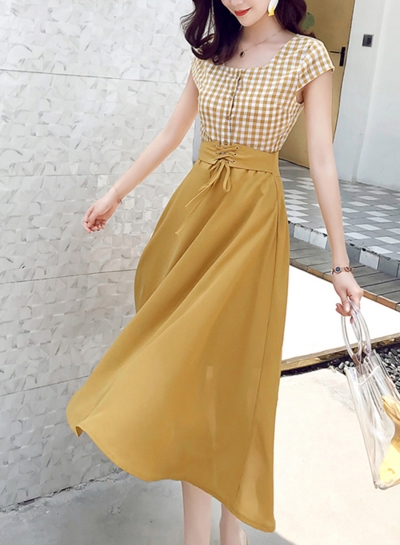 Fashion 2 Piece Short Sleeve Plaid Button Down Shirt Solid Lace-Up Skirt LEXELFASHIONINTSHOPS.com