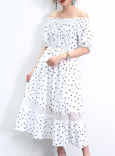 Off Shoulder Polka Dots Short Sleeve Lace Spliced A-line Swing Dress