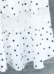 Off Shoulder Polka Dots Short Sleeve Lace Spliced A-line Swing Dress