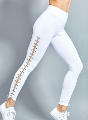 Fashion Sexy Slim Lace-Up Hollow Out Solid Sports Leggings