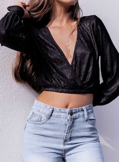 Fashion Sexy Deep V Neck Long Sleeve Crop Top Slim Solid Blouse YOUYOUFASHIONEC.com