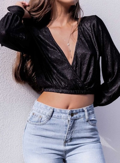 Fashion Sexy Deep V Neck Long Sleeve Crop Top Slim Solid Blouse