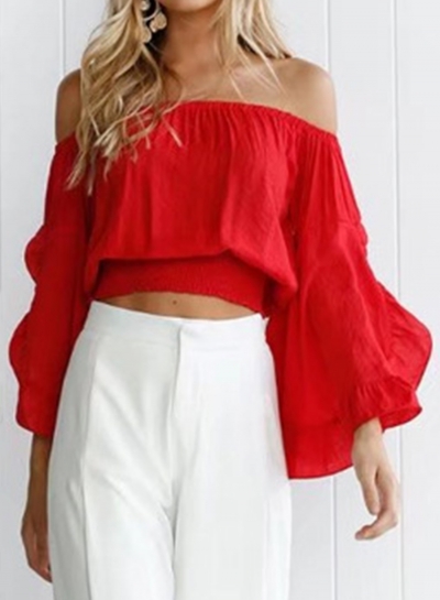 Summer Sexy Off The Shoulder Flare Sleeve Solid Pullover Blouse YOUYOUFASHIONEC.com