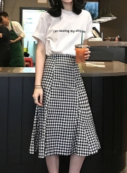 Casual 2 Piece Letters Printed Tee Elastic Waist Plaid Fishtail Skirt