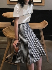 Casual 2 Piece Letters Printed Tee Elastic Waist Plaid Fishtail Skirt