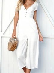 Casual Short Sleeve V Neck Front Buttons Wide Leg Jumpsuit With Pockets