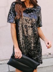 Fashion Loose Solid Short Sleeve Round Neck Sequins Tee Dress