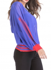 Casual Striped Long Sleeve V Neck Hoodie Loose Transparent Pullover Tee