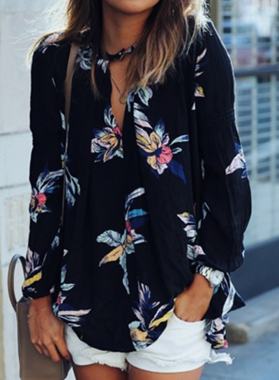 Casual Chiffon Floral Printed Long Sleeve V Neck Loose Blouse STYLESIMO.com