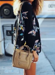 Casual Chiffon Floral Printed Long Sleeve V Neck Loose Blouse