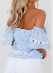 Casual Sexy Off The Shoulder Short Sleeve Lace Hollow Out Loose Blouse