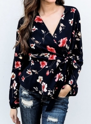 Fashion Casual Floral Printed V Neck Long Sleeve Waist Tie Blouse