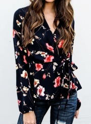 Fashion Casual Floral Printed V Neck Long Sleeve Waist Tie Blouse