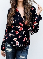 Fashion Casual Floral Printed V Neck Long Sleeve Waist Tie Blouse