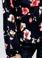 Fashion Casual Floral Printed V Neck Long Sleeve Waist Tie Blouse