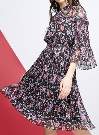 Fashion Floral Printed Flare Sleeve Waist Tie Pleated Dress YOUYOUFASHIONEC.com