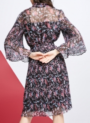 Fashion Floral Printed Flare Sleeve Waist Tie Pleated Dress