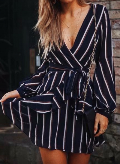 Sexy Striped V Neck Long Sleeve Waist Tie A-line Pullover Dress LZDINTECOMMERCE.com