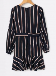 Sexy Striped V Neck Long Sleeve Waist Tie A-line Pullover Dress