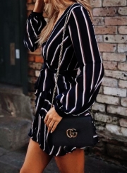 Sexy Striped V Neck Long Sleeve Waist Tie A-line Pullover Dress