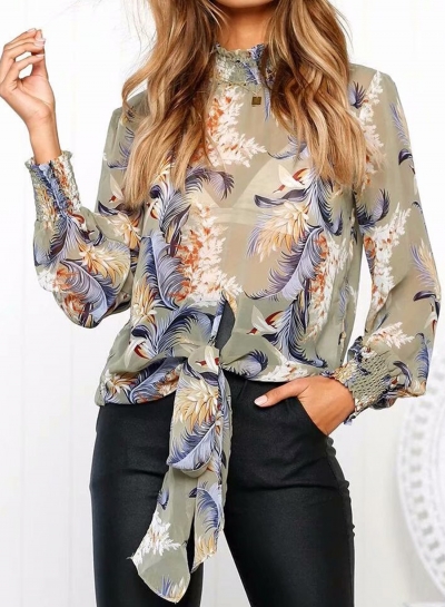 Casual Floral Printed Long Sleeve High Neck Loose Blouse With Tie YOUYOUFASHIONEC.com