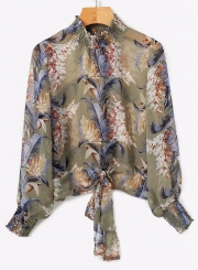 Casual Floral Printed Long Sleeve High Neck Loose Blouse With Tie