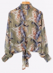 Casual Floral Printed Long Sleeve High Neck Loose Blouse With Tie