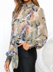 Casual Floral Printed Long Sleeve High Neck Loose Blouse With Tie