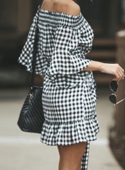 Summer Sexy Off The Shoulder Flare Sleeve Ruffle Trim Plaid Mini Dress