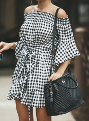 Summer Sexy Off The Shoulder Flare Sleeve Ruffle Trim Plaid Mini Dress