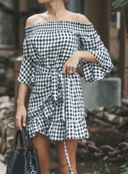 Summer Sexy Off The Shoulder Flare Sleeve Ruffle Trim Plaid Mini Dress