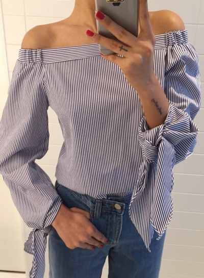 Casual Sexy Striped Off The Shoulder Long Sleeve Bow Tie Blouse YOUYOUFASHIONEC.com