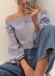 Casual Sexy Striped Off The Shoulder Long Sleeve Bow Tie Blouse