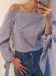 Casual Sexy Striped Off The Shoulder Long Sleeve Bow Tie Blouse