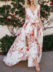 Fashion Floral Printed Sleeveless V Neck High Waist Slit Swing Maxi Dress