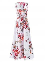 Fashion Floral Printed Sleeveless V Neck High Waist Slit Swing Maxi Dress