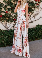 Fashion Floral Printed Sleeveless V Neck High Waist Slit Swing Maxi Dress