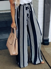 Casual Loose Striped High Waist Straight Wide Leg Pants With Tie