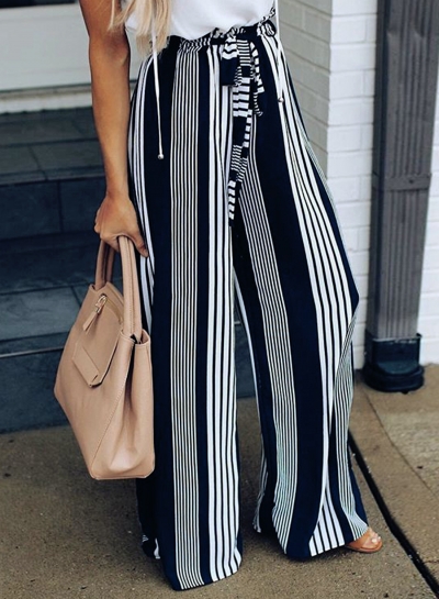 Casual Loose Striped High Waist Straight Wide Leg Pants With Tie YOUYOUFASHIONEC.com