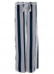 Casual Loose Striped High Waist Straight Wide Leg Pants With Tie