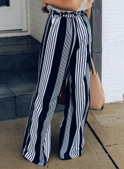 Casual Loose Striped High Waist Straight Wide Leg Pants With Tie